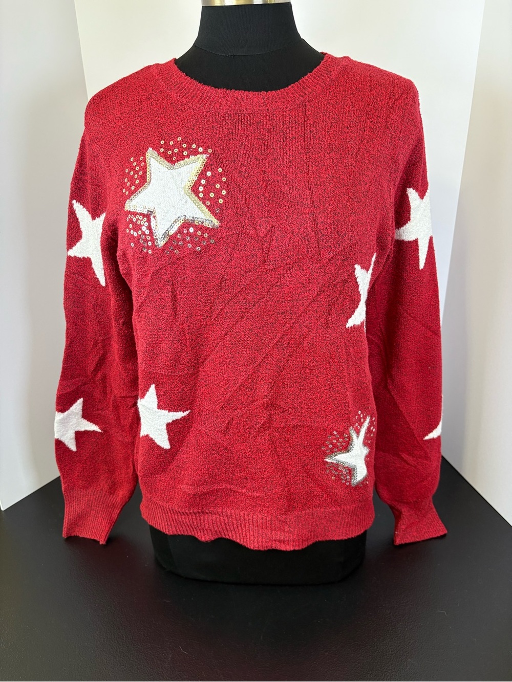 Holiday Time Red Crewneck Sweater with White Star Accents